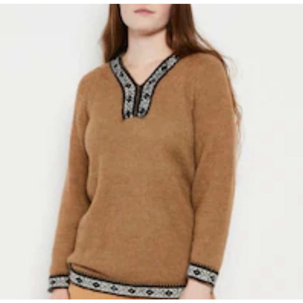 Vintage Knit Sweater Baby Alpaca Wool Native trim Tan Black Lace V collar Soft M
